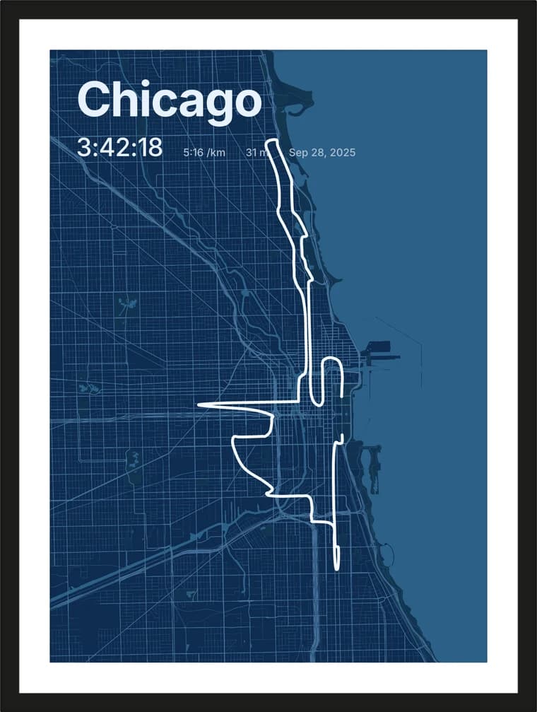 Chicago route print in the Blueprint style, black frame