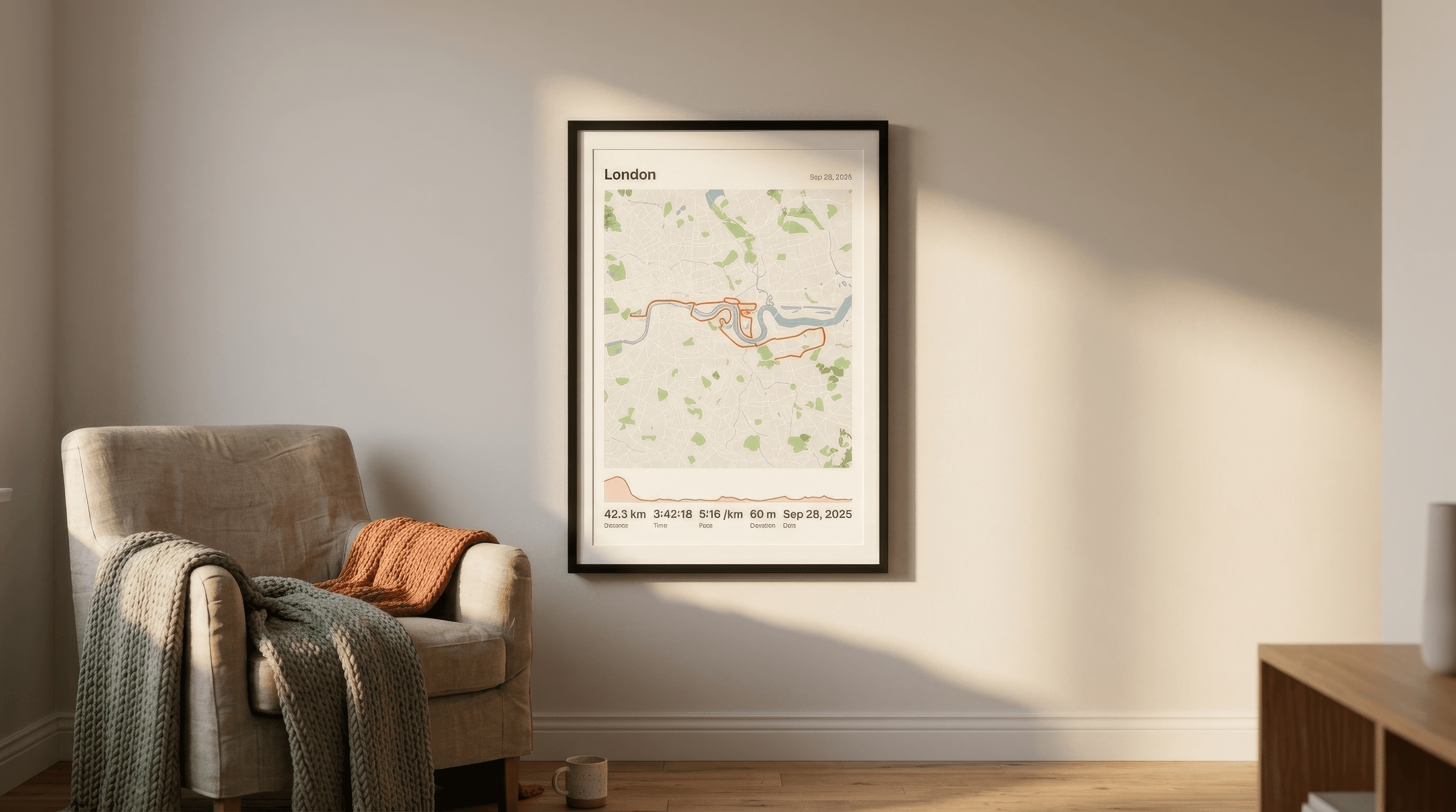 A framed London marathon route print on a sunlit living-room wall